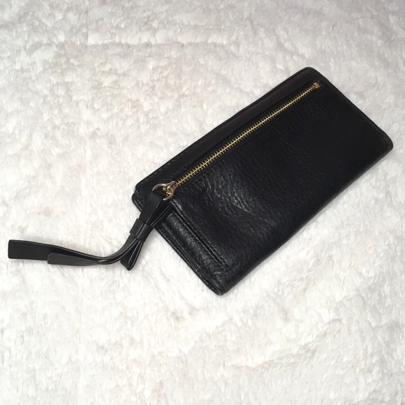 Kate Spade Black Leather Bill Fold Wallet Black White Stripe Interior - Picture 2 of 5